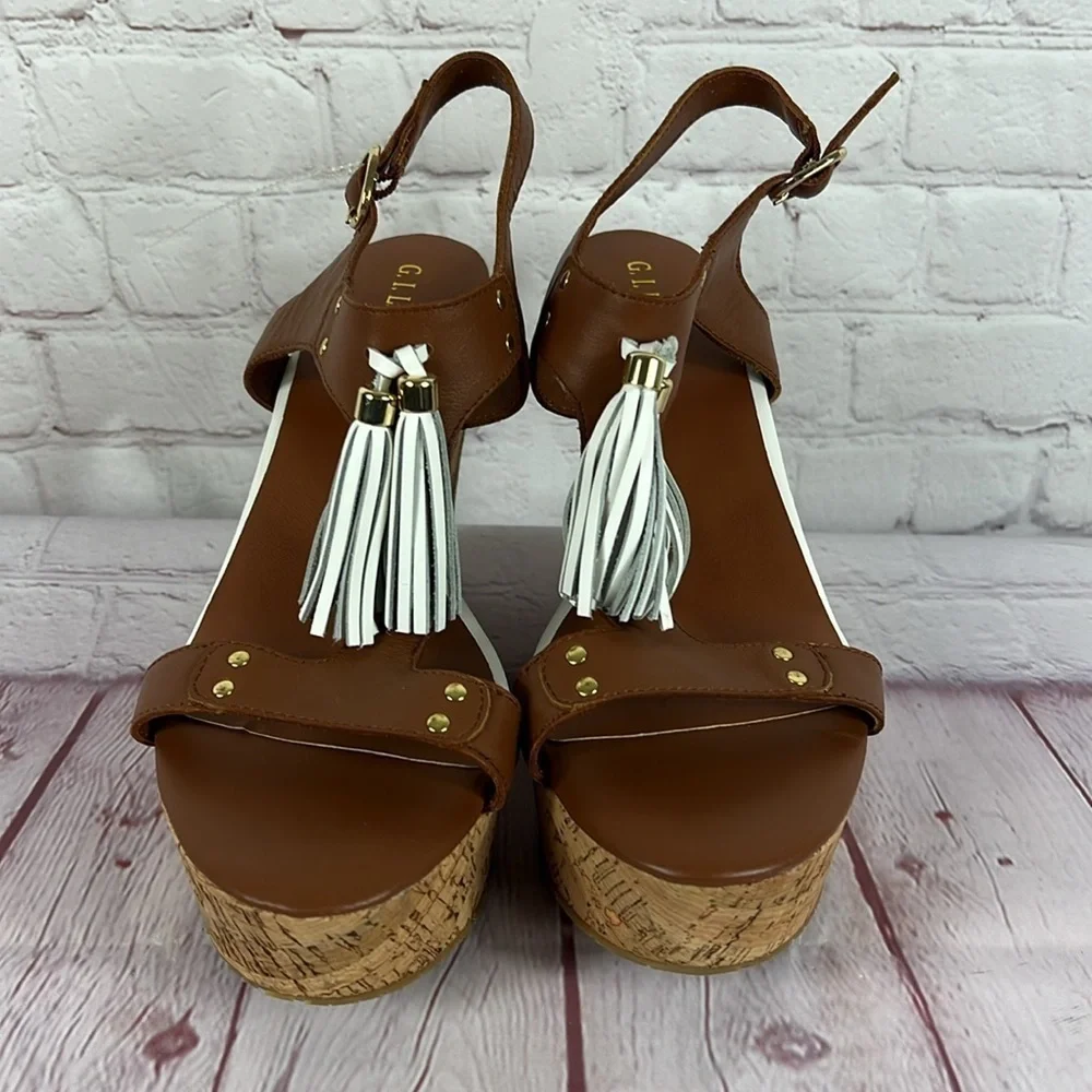 G.I.L.I. Kate Cognac Brown Leather Tassel Wedge Cork Platform Sandal Size 10